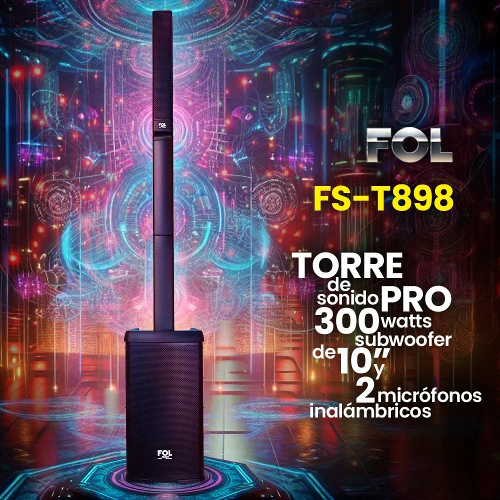 FOL FS-T898: torre de sonido PRO recargable con subwoofer de 10”, 300W y dos micrófonos inalámbricos
