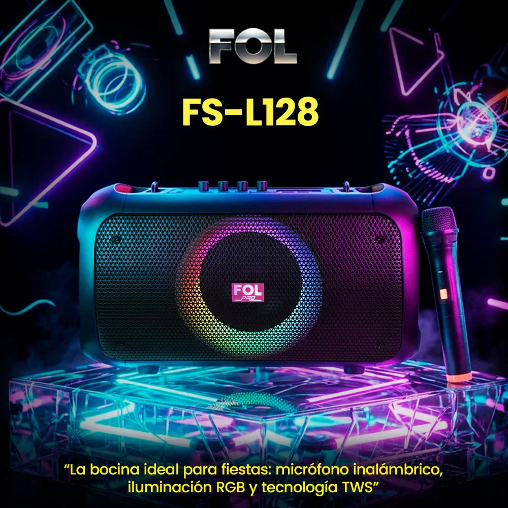FOL FS-L128: bocina portátil para fiesta con micrófono inalámbrico y luz RGB