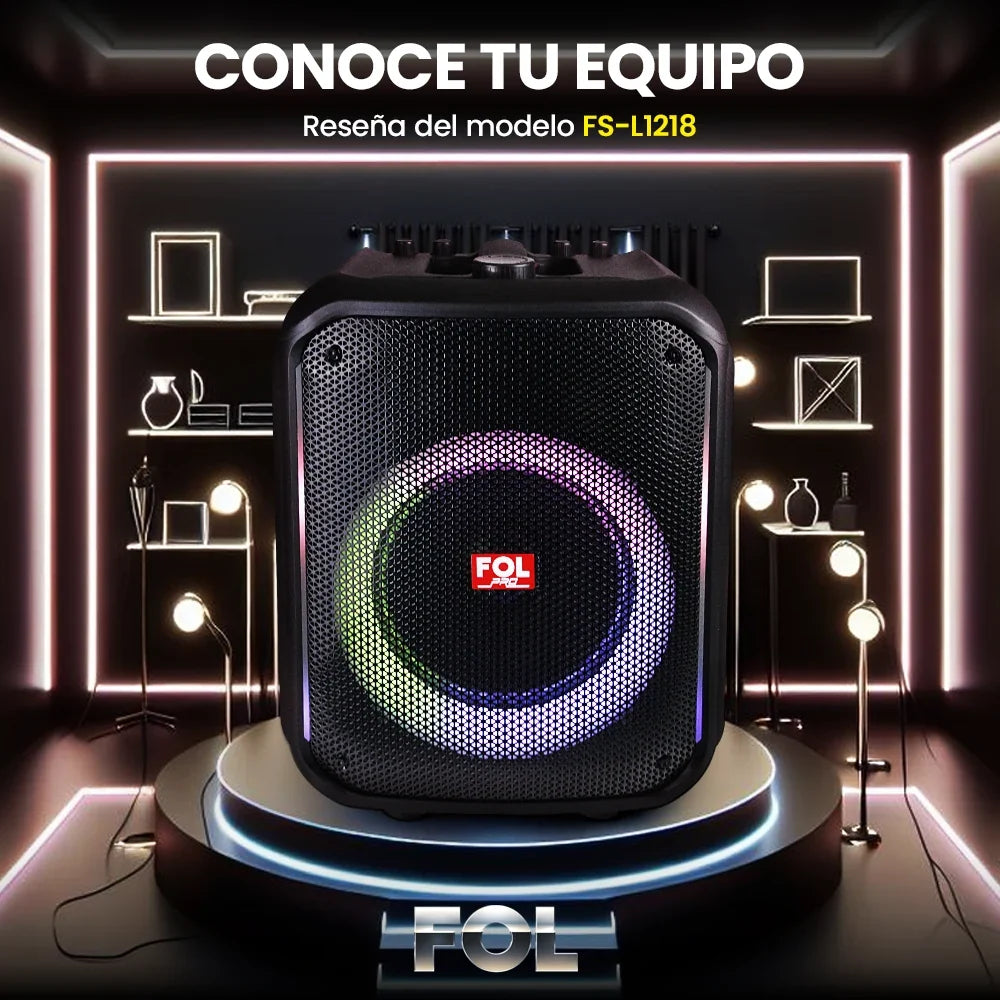 FOL FS-L1218: bocina de 70W con RGB, micrófono inalámbrico y entrada para guitarra