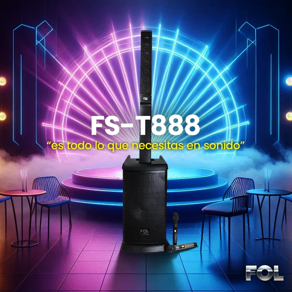 FOL FS-T888: torre de sonido de 420W con TWS, dos micrófonos inalámbricos y entrada para guitarra