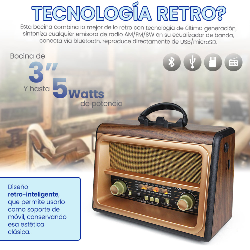 FR-05 BOCINA BLUETOOTH RADIOSINTONIZADOR DE BANDA AM/FM/SW PORTÁTIL