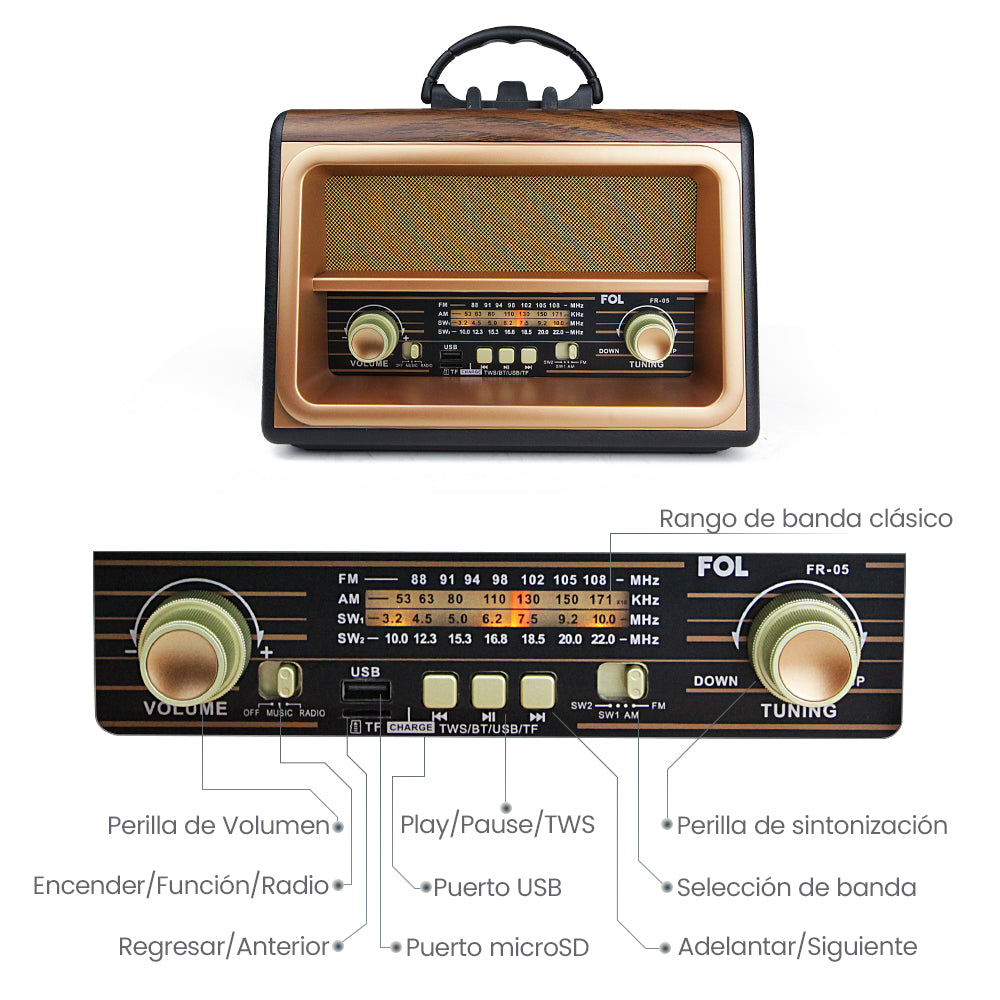 FR-05 BOCINA BLUETOOTH RADIOSINTONIZADOR DE BANDA AM/FM/SW PORTÁTIL