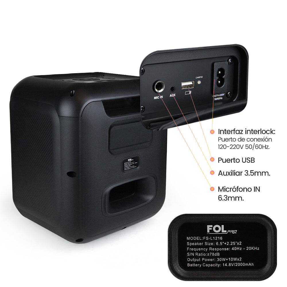 FS-L1216M Bocina TWS Recargable de 50W con Micrófono Inalámbrico y Luz RGB