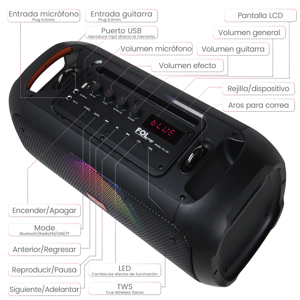 FS-L128A Bocina TWS Recargable de 50W con Micrófono Inalámbrico y Entradas para Micrófono y Guitarra