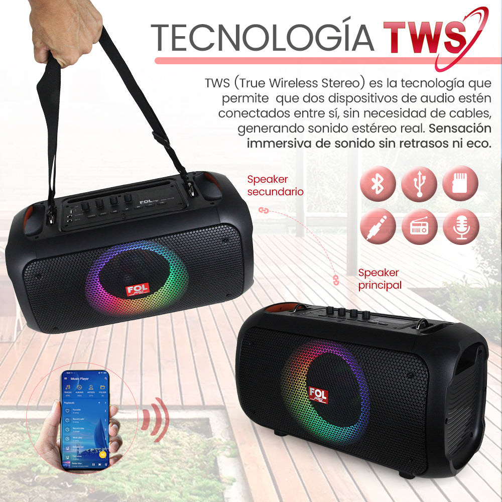 FS-L128A Bocina TWS Recargable de 50W con Micrófono Inalámbrico y Entradas para Micrófono y Guitarra