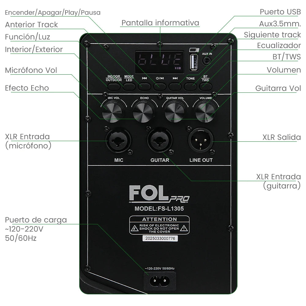 FS-L1305 Bocina PRO TWS Recargable de 90W con Luz RGB y Micrófono Inalámbrico