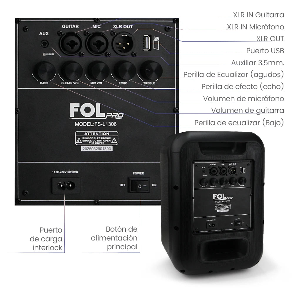 FS-L1306 Bocina PRO TWS Recargable de 90W con Luz RGB y Micrófono Inalámbrico