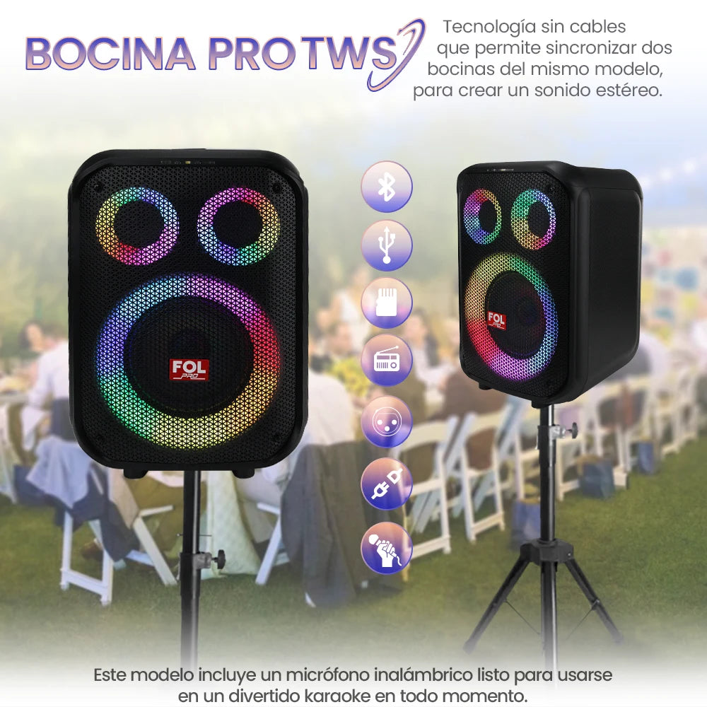 FS-L1306 Bocina PRO TWS Recargable de 90W con Luz RGB y Micrófono Inalámbrico