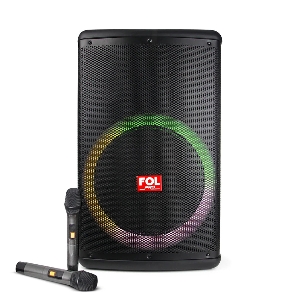 FOL FS-L1501 15‘’ Bafle Profesional TWS de 220W con 2 Micrófonos Inalámbricos, XLR In/Out y Luz RGB