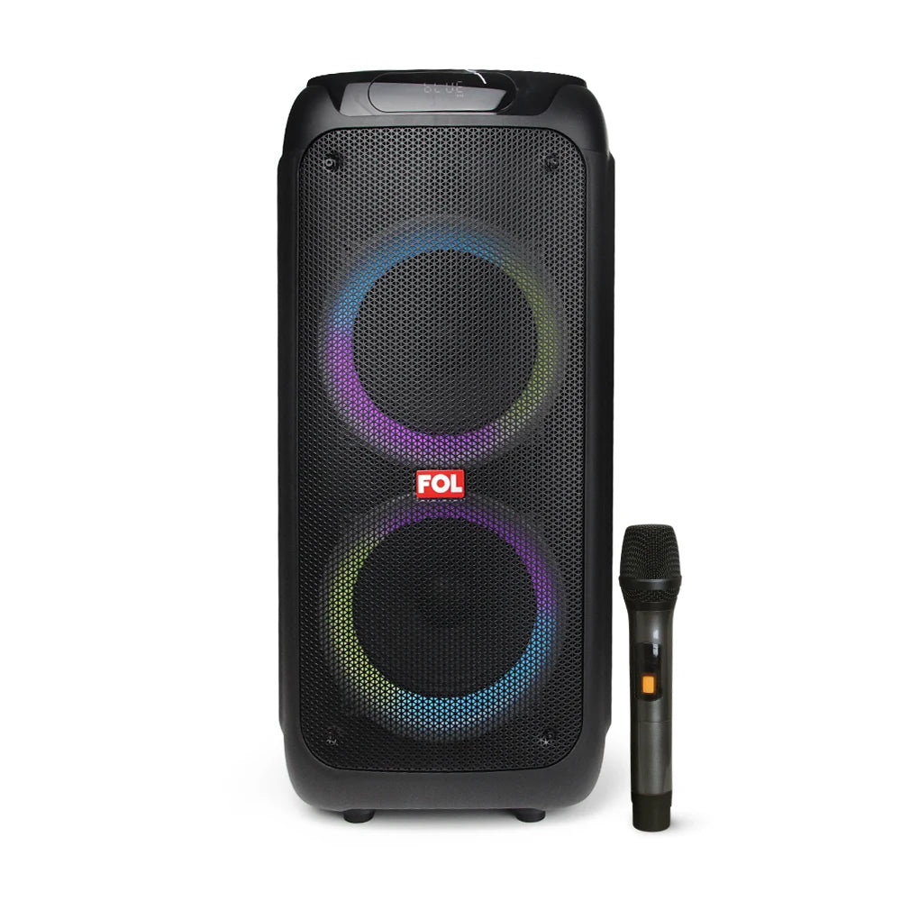 FOL FS-L2208 doble 8'' Bocina Amplificada TWS de 70W con Micrófono Inalámbrico, Luz RGB y Llantitas