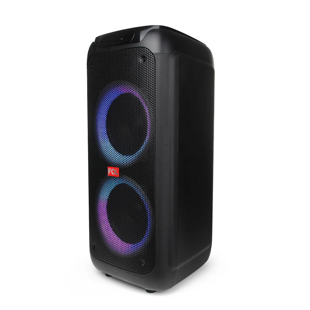 FOL FS-L2208 doble 8'' Bocina Amplificada TWS de 70W con Micrófono Inalámbrico, Luz RGB y Llantitas