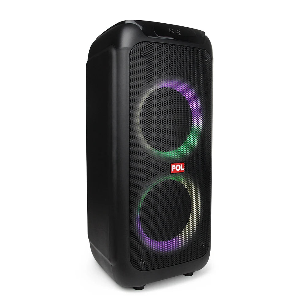 FOL FS-L2208 doble 8'' Bocina Amplificada TWS de 70W con Micrófono Inalámbrico, Luz RGB y Llantitas