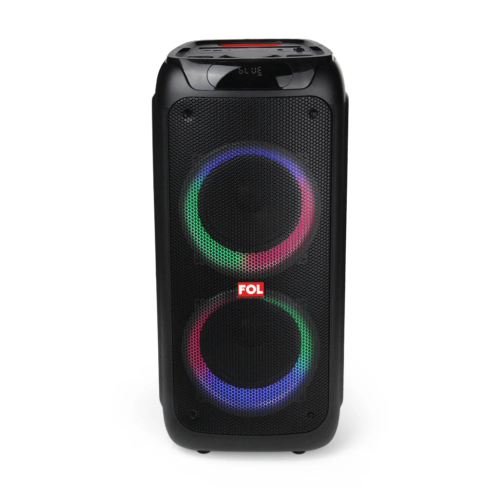 FOL FS-L2208 doble 8'' Bocina Amplificada TWS de 70W con Micrófono Inalámbrico, Luz RGB y Llantitas