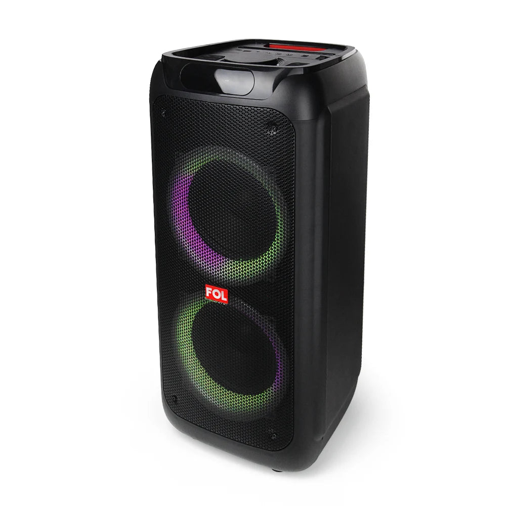 FOL FS-L2208 doble 8'' Bocina Amplificada TWS de 70W con Micrófono Inalámbrico, Luz RGB y Llantitas