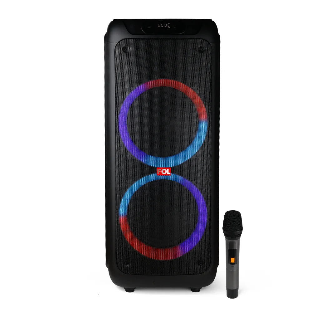 FOL FS-L2210 doble 10'' Bocina Party Speaker TWS de 70W con Micrófono Inalámbrico, Luz RGB y Entrada para Guitarra