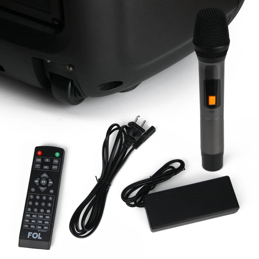 FOL FS-L2210 doble 10'' Bocina Party Speaker TWS de 70W con Micrófono Inalámbrico, Luz RGB y Entrada para Guitarra