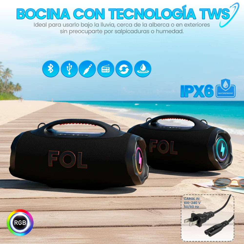 FOL FS-R208 Bocina Portátil TWS de 220W con Luz RGB, Batería Recargable e IPX6