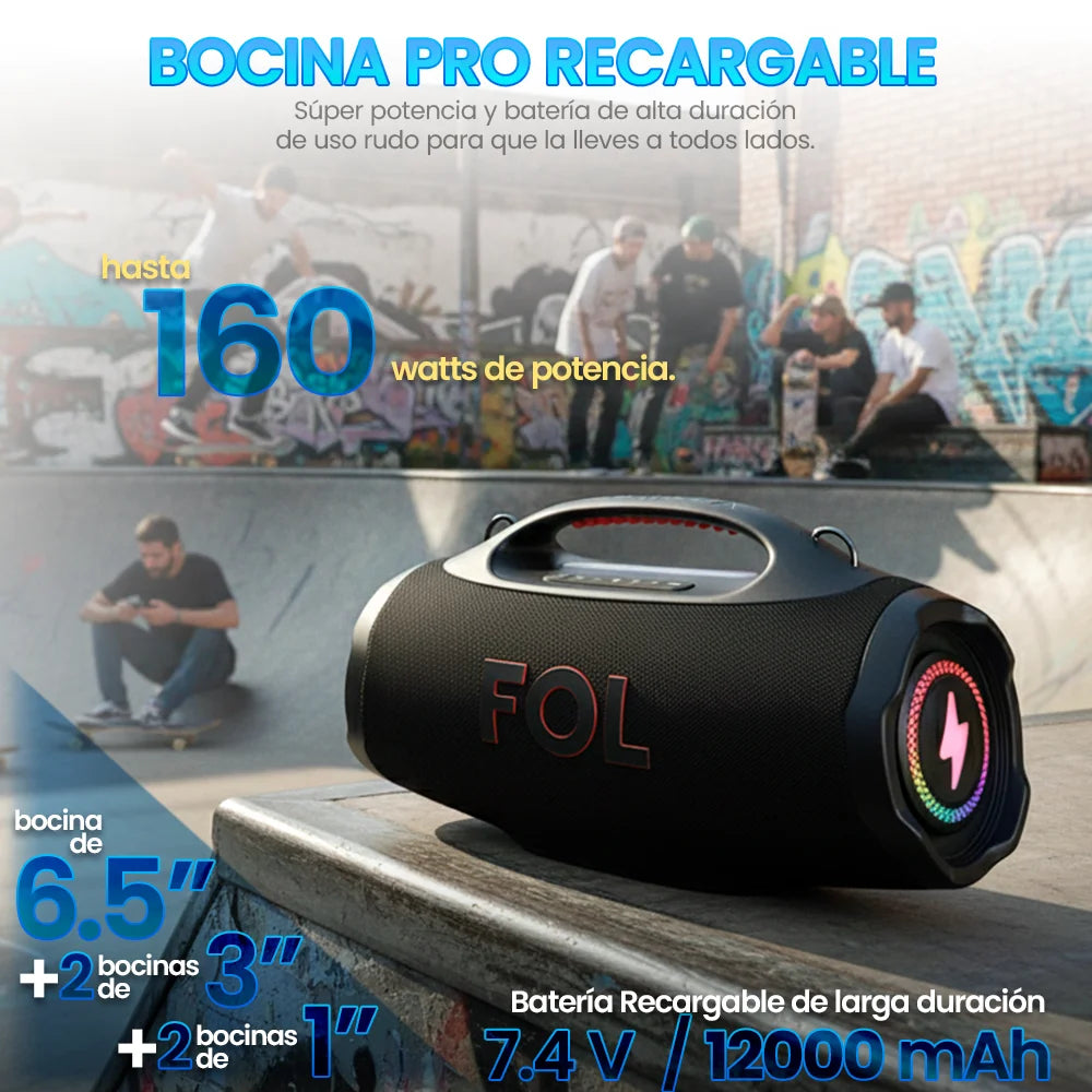 FOL FS-R208 Bocina Portátil TWS de 220W con Luz RGB, Batería Recargable e IPX6