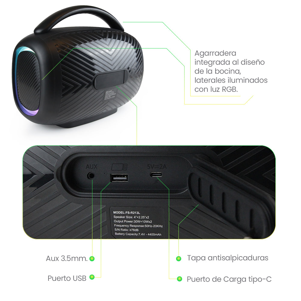 FS-R213L Bocina TWS Recargable con Luz RGB, Bluetooth y 50W de Potencia
