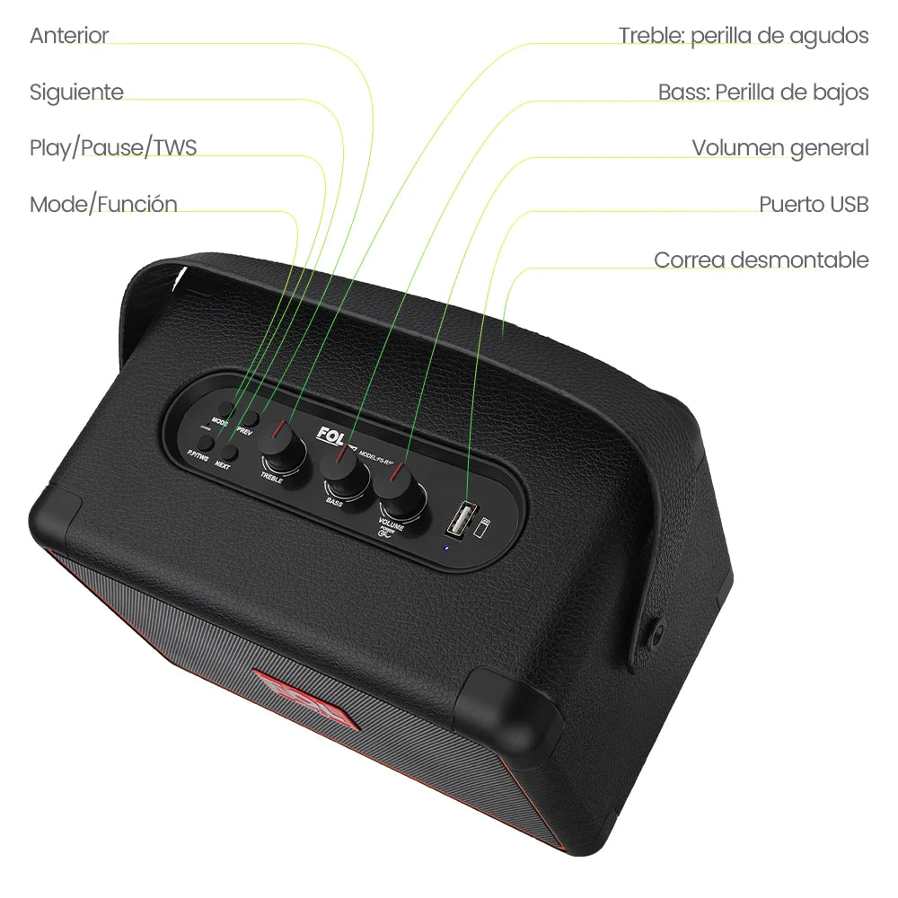 FOL FS-R301 Bocina Bluetooth TWS Recargable de 20W con Ecualizador Análogo y Correa Desmontable