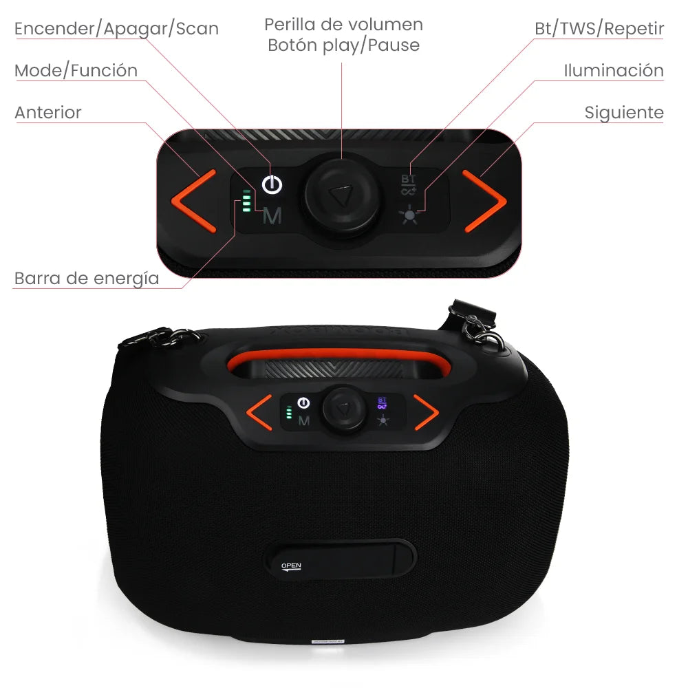 FS-R306 Bocina PRO TWS Recargable de 120W con Luz RGB, Correa Desmontable y Agarradera Integrada