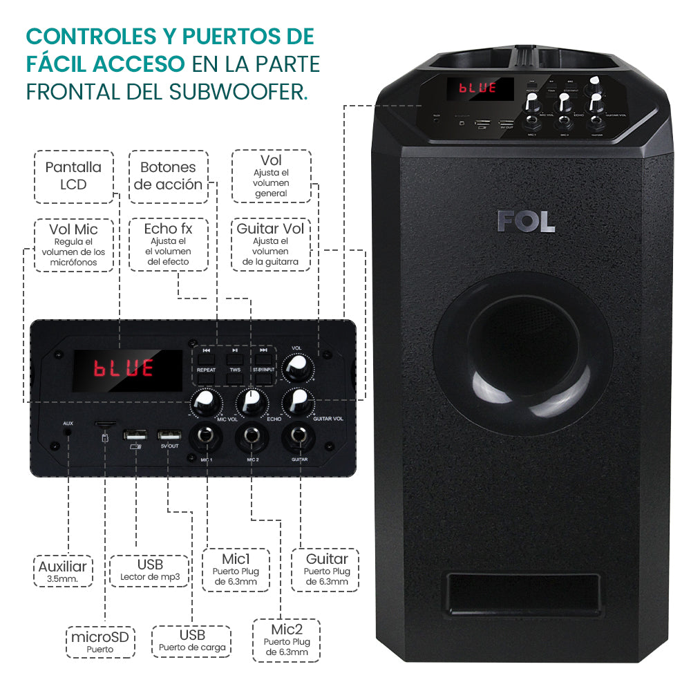 FS-T109 Torre de Audio con Subwoofer, Micrófono Inalámbrico y Entrada para Guitarra