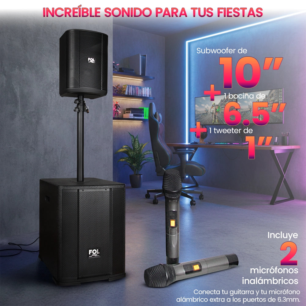 FS-T700 Torre de Sonido Recargable con 2 Micrófonos Inalámbricos y Entradas XLR/TRS