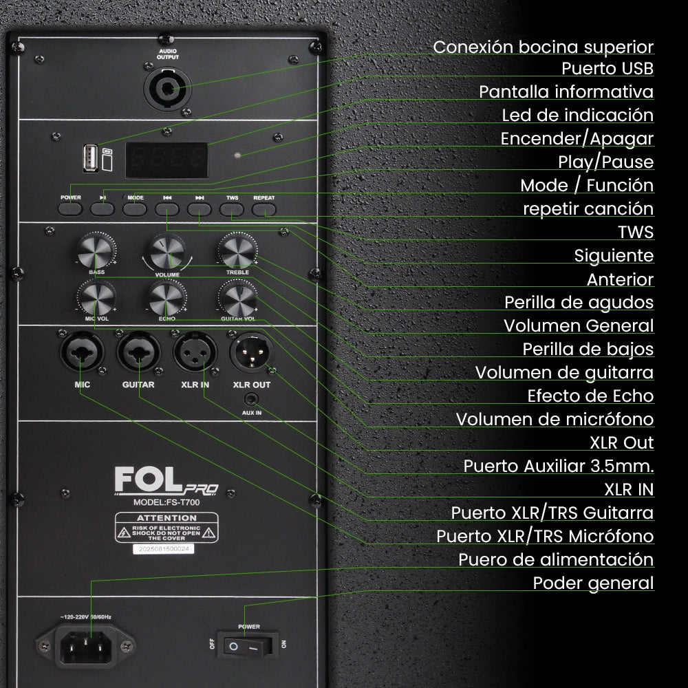 FS-T700 Torre de Sonido Recargable con 2 Micrófonos Inalámbricos y Entradas XLR/TRS