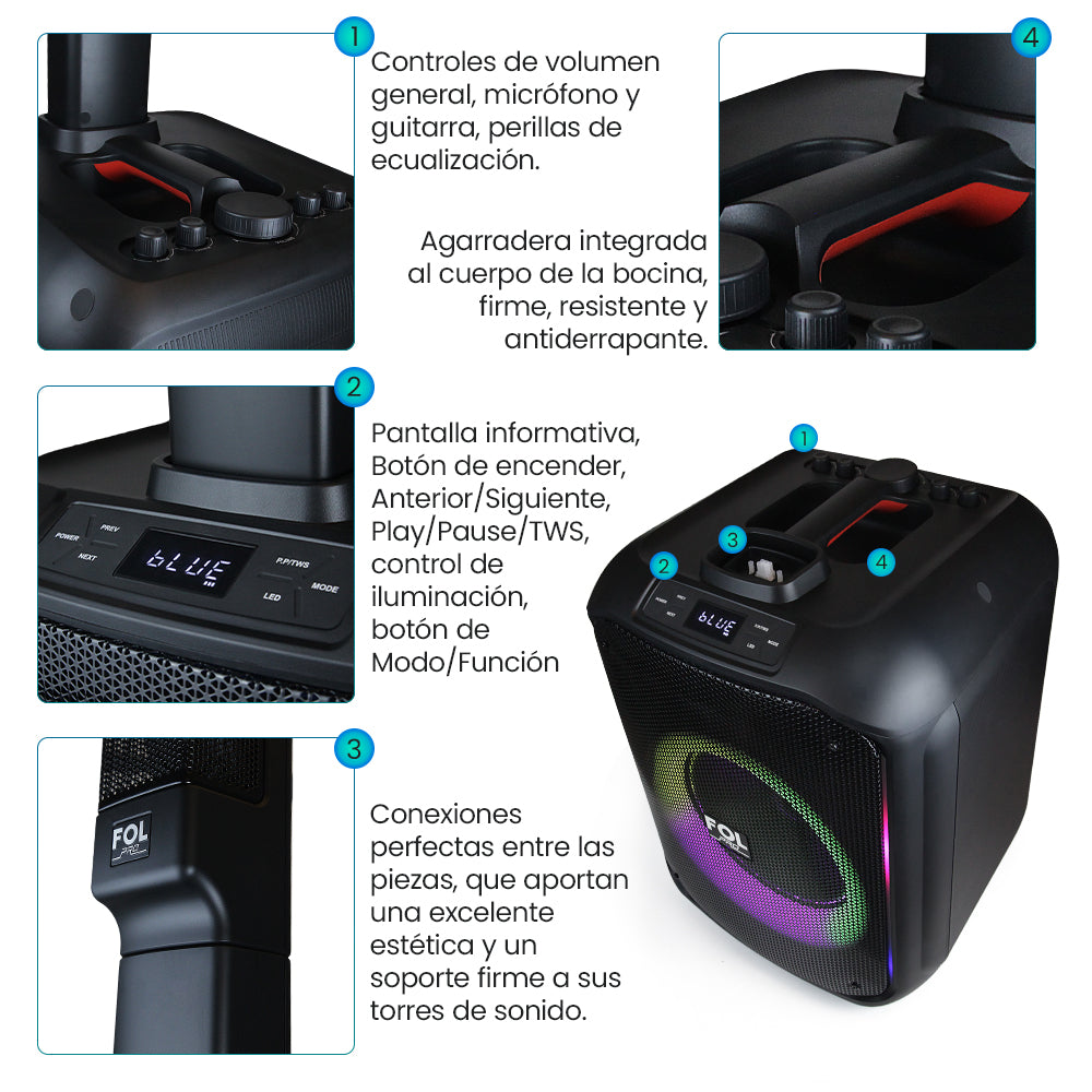 FS-T868 Torre de Sonido Portátil Recargable con Micrófono Inalámbrico y Luz RGB