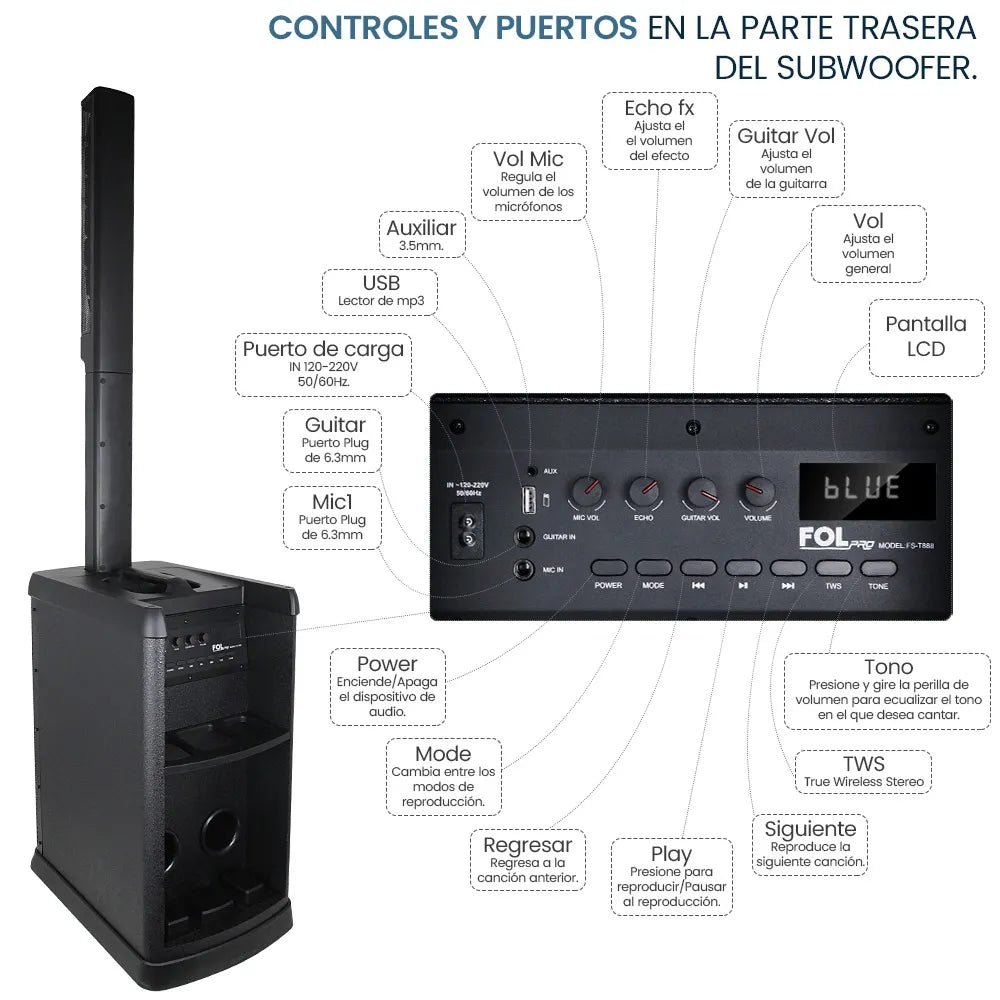 FS-T888 Torre de Sonido TWS de 420W con 2 Micrófonos Inalámbricos y Función Karaoke