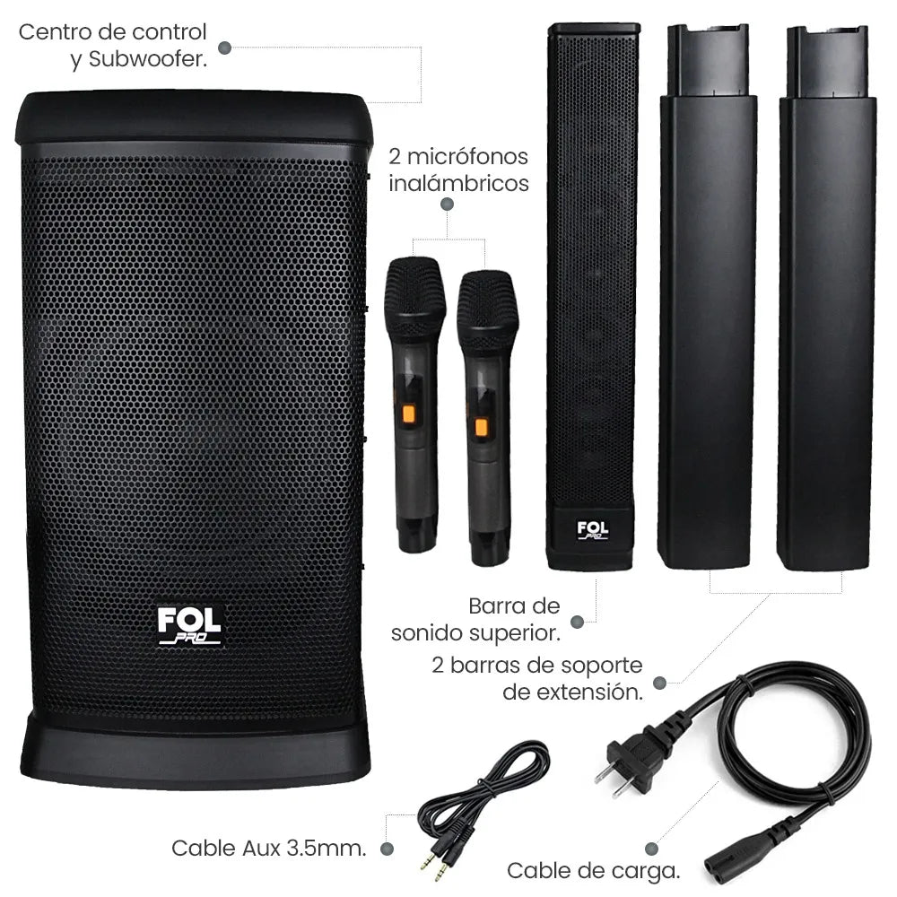 FS-T888 Torre de Sonido TWS de 420W con 2 Micrófonos Inalámbricos y Función Karaoke