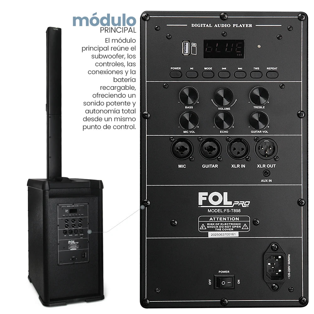 FS-T898 Torre de Sonido PRO Recargable con 2 Micrófonos Inalámbricos