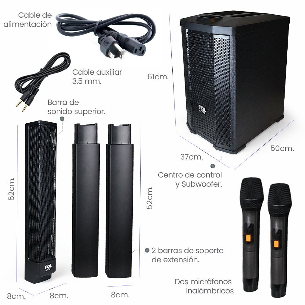 FS-T900 Torre de Sonido TWS 600W con Subwoofer de 12" y 2 Micrófonos Inalámbricos