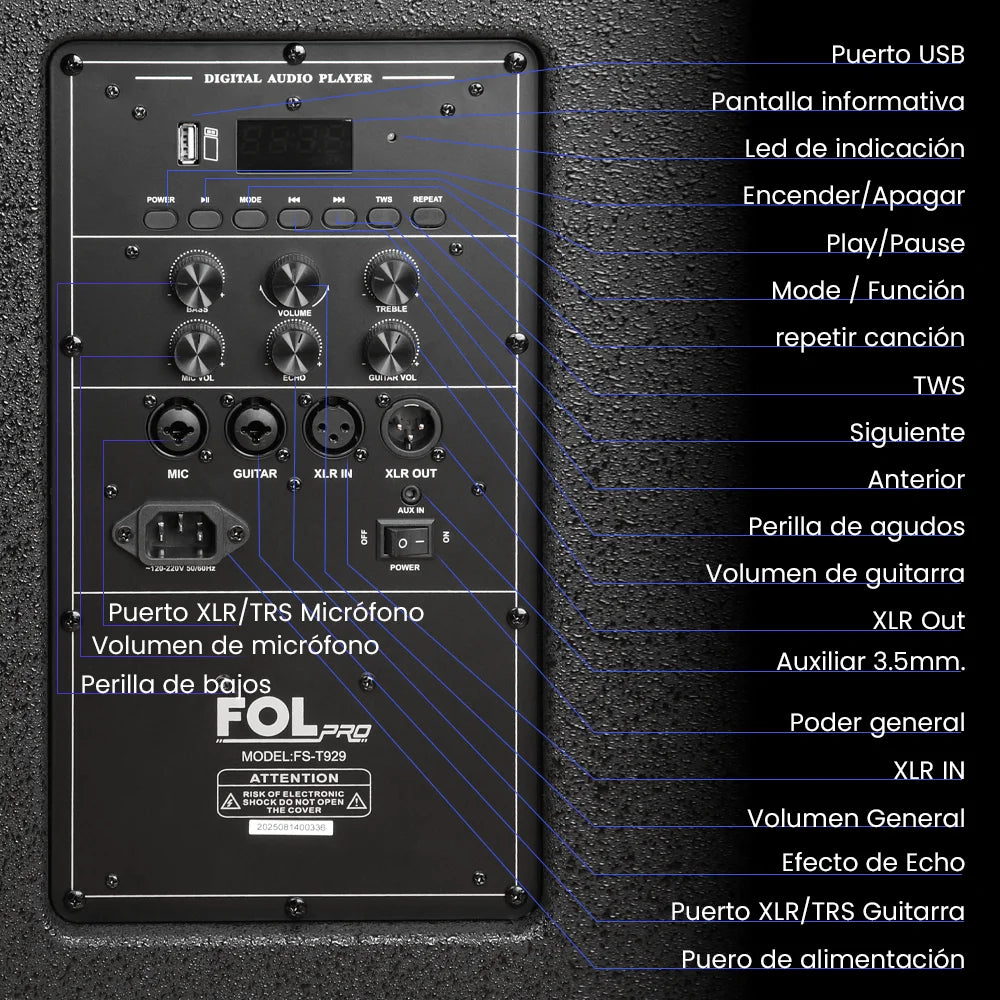 FS-T929 Torre de Sonido TWS de 600W con Entradas XLR para Micrófono y Guitarra