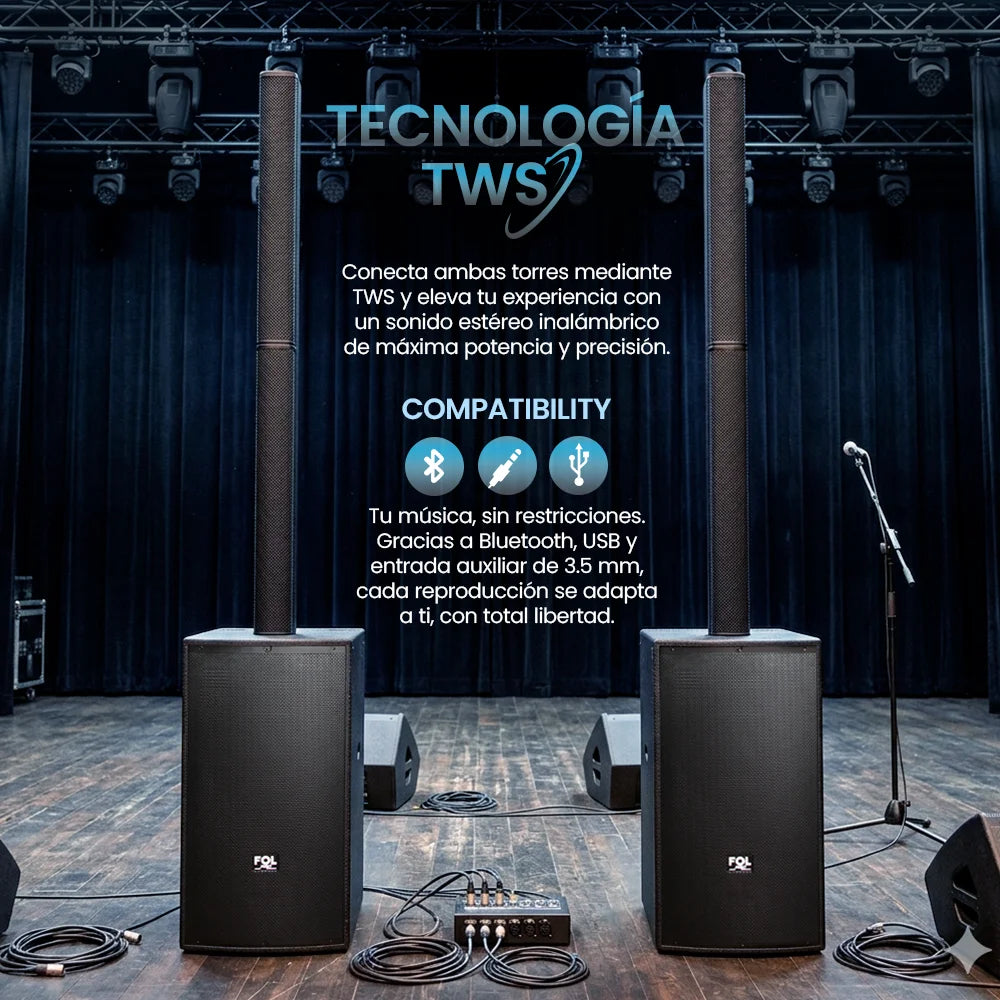 FS-T939 Torre de Sonido TWS de 600W con 2 Micrófonos Inalámbricos y Entradas XLR