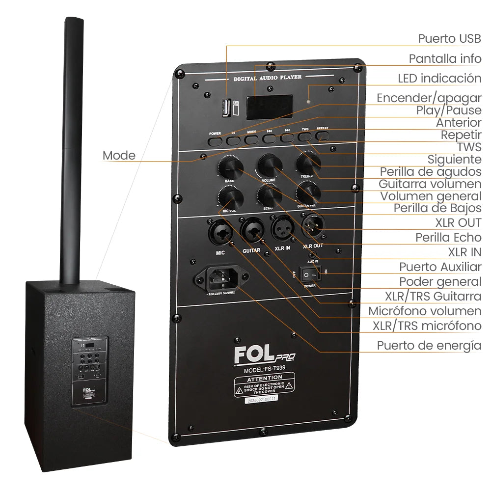 FS-T939 Torre de Sonido TWS de 600W con 2 Micrófonos Inalámbricos y Entradas XLR