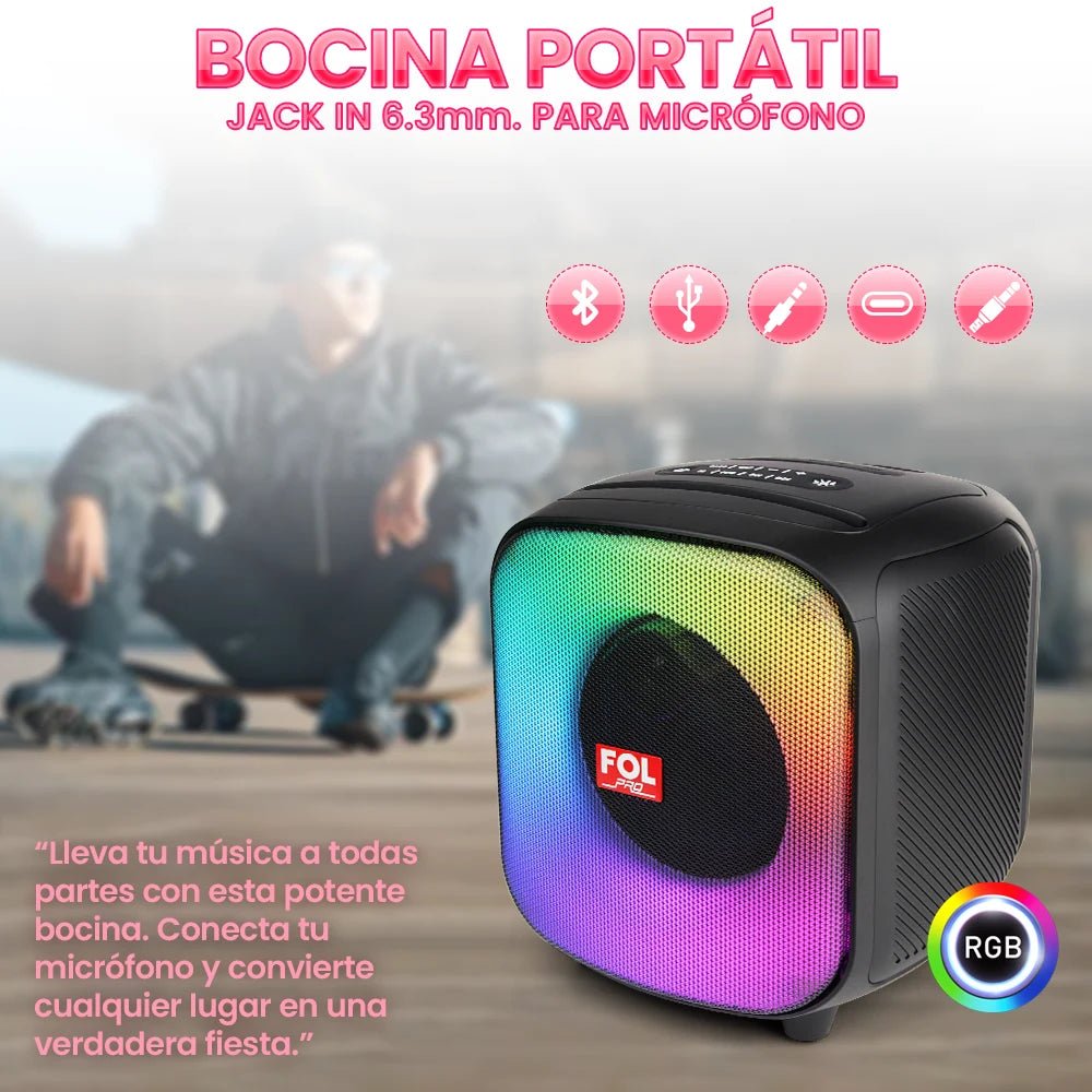 FS-L1106 Bocina TWS Recargable Portátil con Super Bass, Luz RGB y Agarradera Integrada