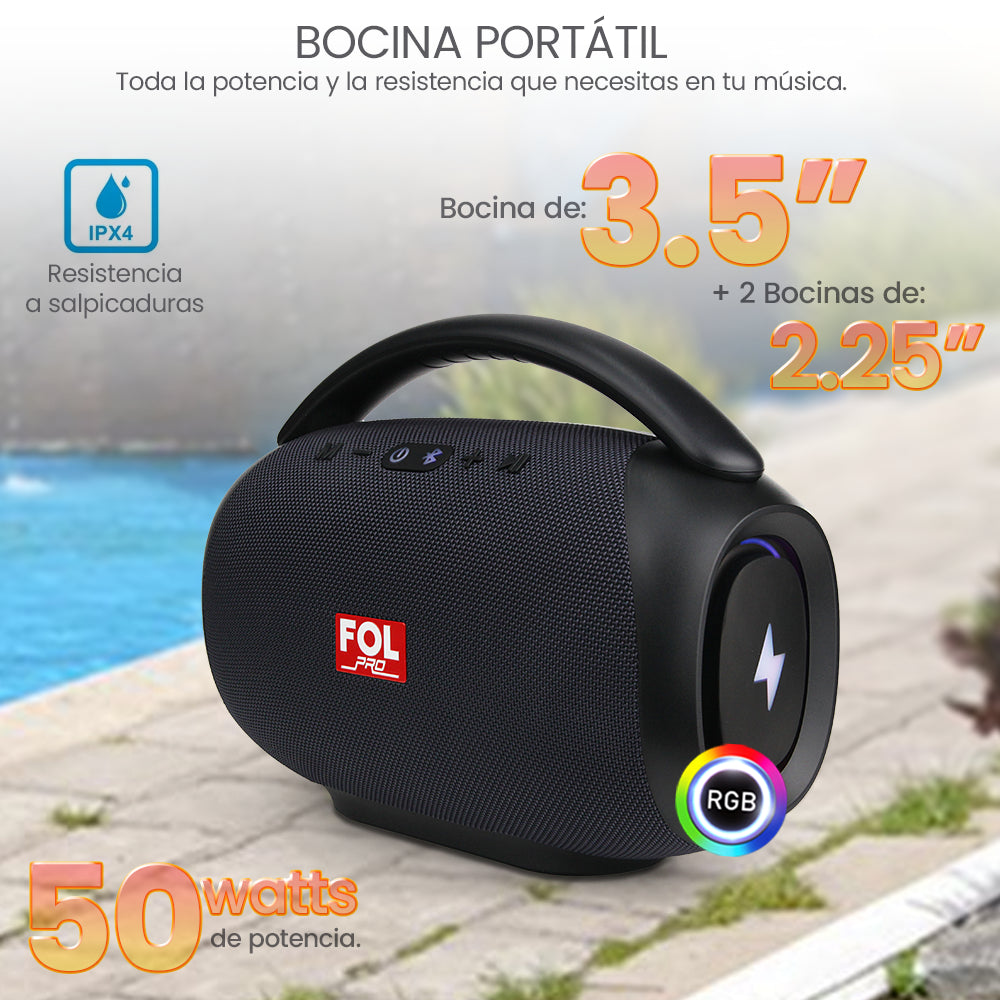 FS-R219 Bocina TWS Portátil de 50W con Luz RGB, Agarradera Integrada e IPX4