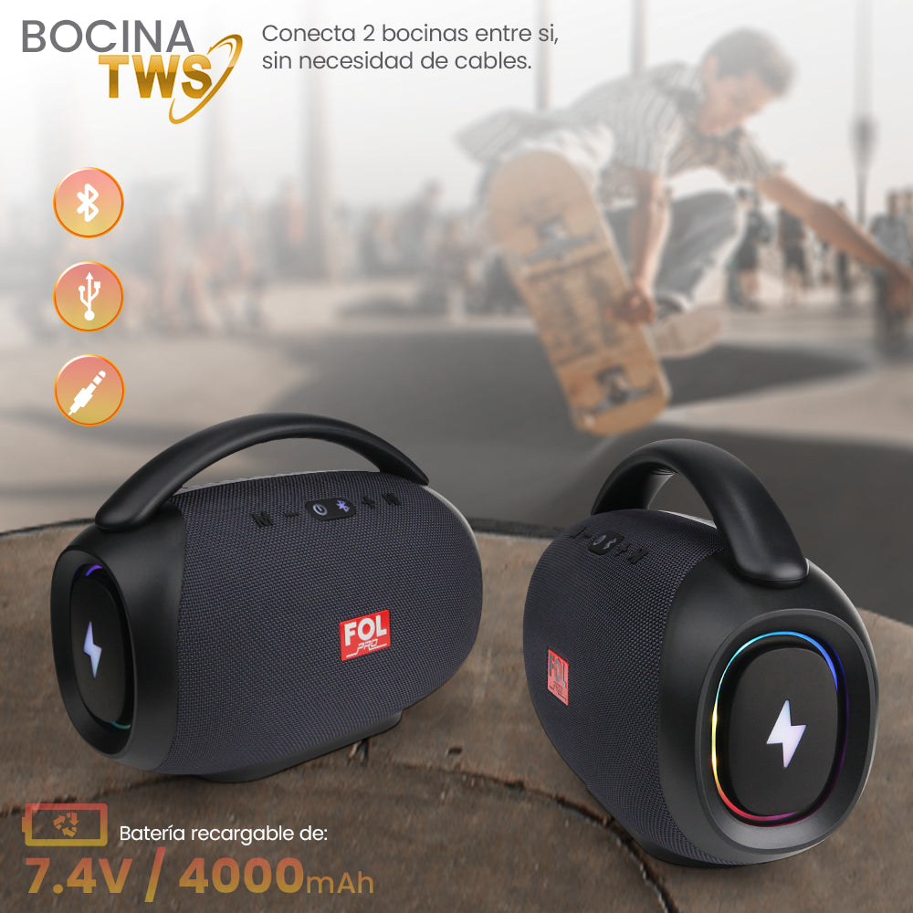 FS-R219 Bocina TWS Portátil de 50W con Luz RGB, Agarradera Integrada e IPX4