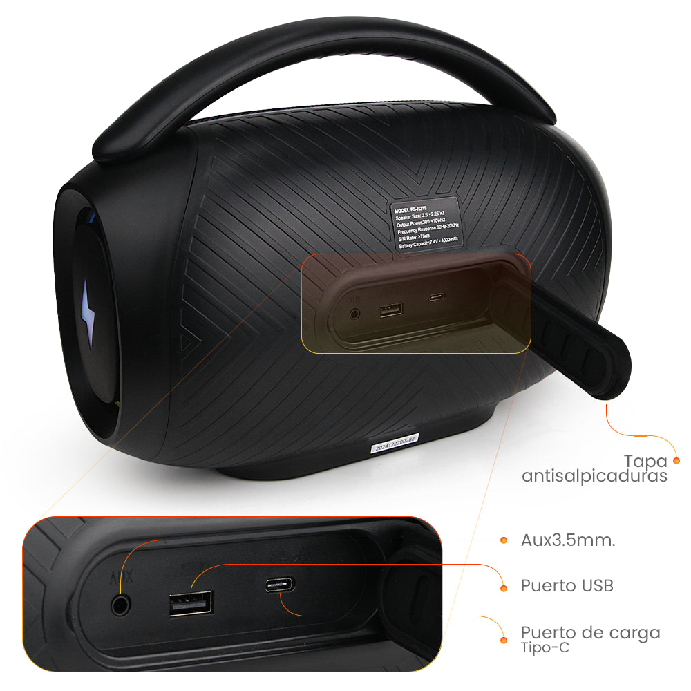 FS-R219 Bocina TWS Portátil de 50W con Luz RGB, Agarradera Integrada e IPX4